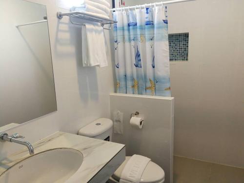 帕克蒙蓝色岸边度假屋的一间带水槽、卫生间和淋浴的浴室