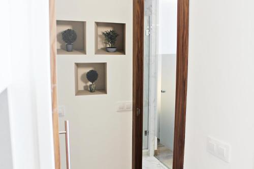 马德里Salamaca-Goya的墙上的走廊上挂有镜子和盆栽植物