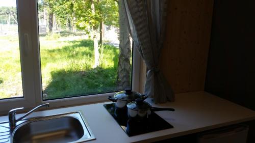 波别罗沃Domki Aqua Holiday的带水槽的厨房台面和窗户