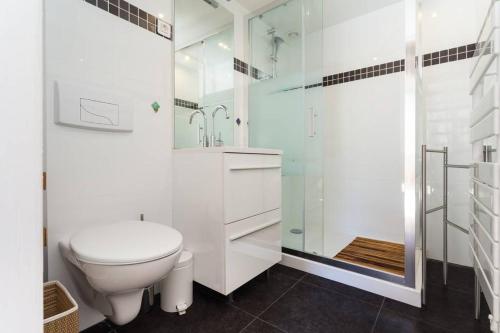 滨海自由城Le Noble in Scenic Villefranche Sur Mer的白色的浴室设有卫生间和淋浴。