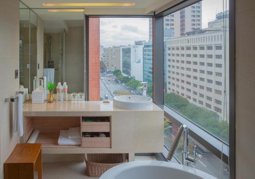 台北和逸饭店．台北民生馆的一间带水槽和大窗户的浴室
