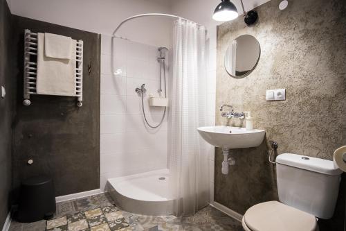 普热梅希尔HOSTEL "likeHOME"的一间带水槽、卫生间和淋浴的浴室