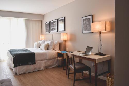 内乌肯Cyan Soho Neuquén Hotel的酒店客房配有一张床、一张书桌和一台笔记本电脑