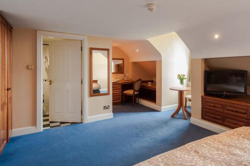 布拉尼布拉尼城堡酒店的一间卧室配有一张床、一台电视和一张书桌