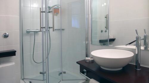 明斯特艾玛迪斯城市酒店的一间带水槽和玻璃淋浴的浴室