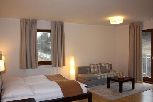 奥什恰德尼察Villa Malina的一间卧室配有一张床、一张沙发和一个窗口