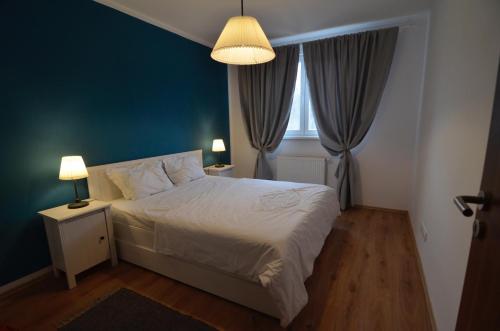 蒂米什瓦拉AVA Apartments ADORA FOREST 1的一间卧室设有一张床和蓝色的墙壁