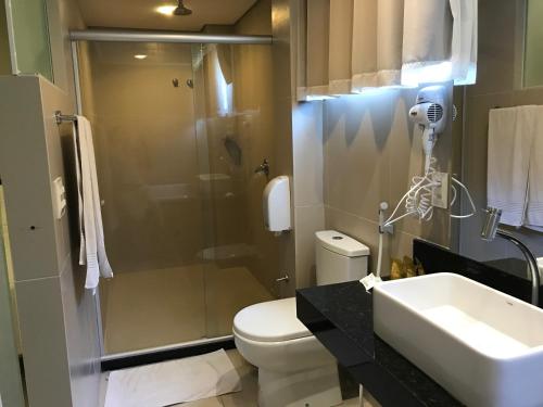 累西腓Scenarium Hotel的带淋浴、卫生间和盥洗盆的浴室