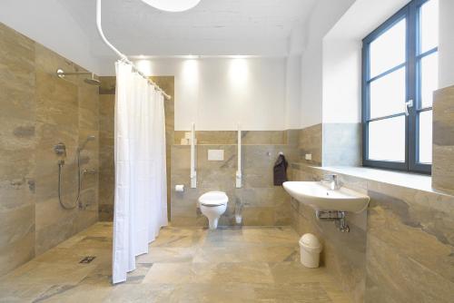 威斯巴登Herberge Hof Armada的带淋浴、卫生间和盥洗盆的浴室