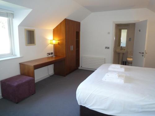 卡斯尔马特Castlemartyr Holiday Mews 3 bed的配有一张床、一张书桌和一扇窗户的酒店客房