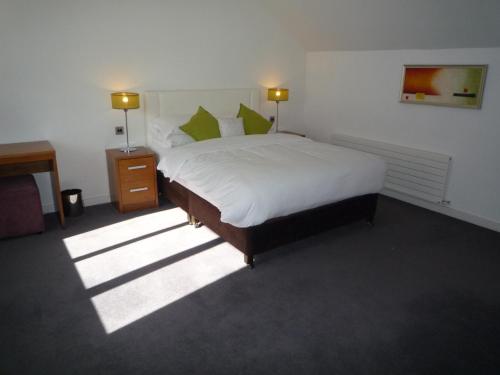 卡斯尔马特Castlemartyr Holiday Mews 2 bed的一间卧室配有一张带白色床单和绿色枕头的大床。