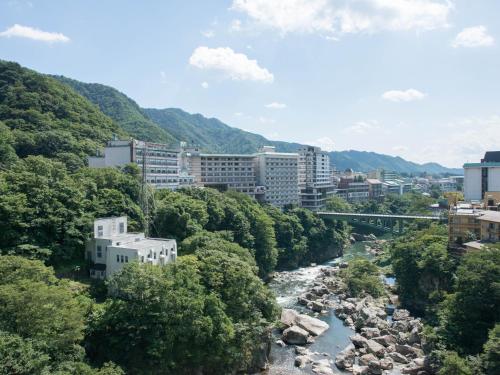 日光悠闲花选日式旅馆的城市里一条有建筑和树木的河流