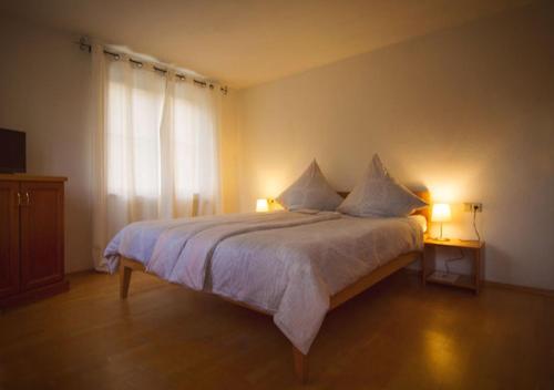 SchlierFuchsenlohe的一间卧室配有一张带两盏灯的床和一扇窗户。