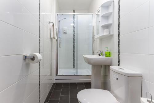 布莱克浦山脉酒店的带淋浴、卫生间和盥洗盆的浴室