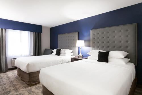 奥本奥本/西雅图红狮酒店及套房的两张位于酒店客房的床,拥有蓝色的墙壁