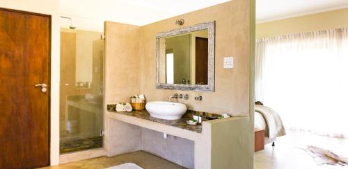 普林格尔贝伊Kapensis Guesthouse (Pty) Ltd的一间带水槽和镜子的浴室