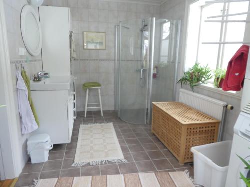 Ransäter普瑞斯特雷恩旅舍的带淋浴和盥洗盆的浴室