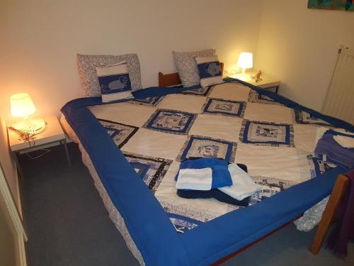 Warffumde Twee Paardjes的一张配有蓝色床单和枕头的大床