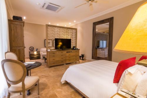 卡塔赫纳巴斯汀豪华酒店的一间卧室配有一张床、一台电视和一把椅子