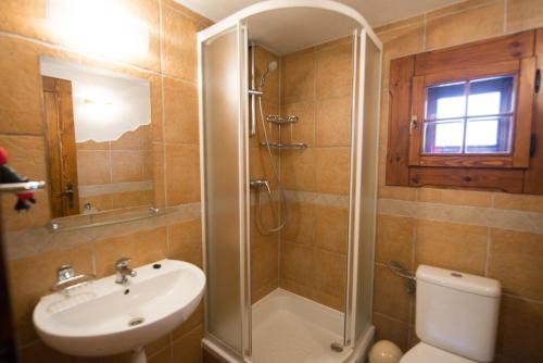 利普托斯基米库拉斯Drevenice TriMount的带淋浴、盥洗盆和卫生间的浴室