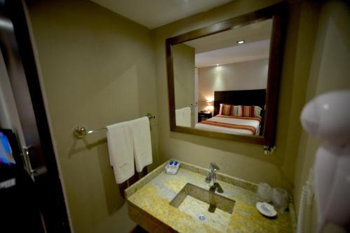 伊瓜苏港波萨达索根特酒店的一间带水槽和镜子的浴室以及一张床