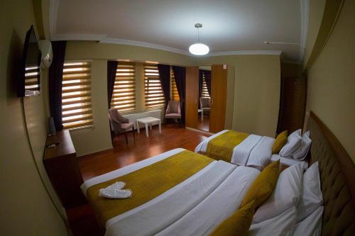 伊斯坦布尔Ramparts Hotel的一间带两张床的卧室和一间客厅