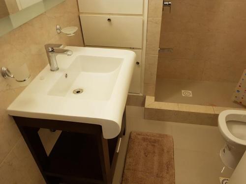 埃斯特角城APTO 913 - Piso 9 SANTOS DUMONT Excepcional vista al mar y a la ciudad的浴室配有白色水槽和卫生间。