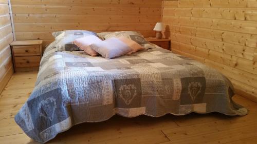 奥雷勒La cabane du pommier的小屋内的一张带两个枕头的床