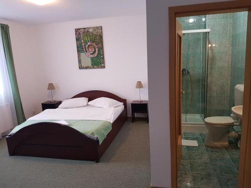 蒂米什瓦拉亚斯敏旅馆的一间卧室设有一张床、淋浴和卫生间