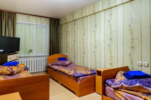 沃尔库塔Apartment TwoPillows on Lomonosova 9的一间设有两张床和一台电视的房间