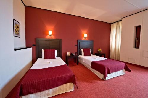 蒂米什瓦拉Hotel Aurelia的红色墙壁客房的两张床
