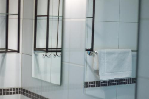 海滨诺德韦克安德酷斯特公寓的一间带毛巾分配器和镜子的浴室