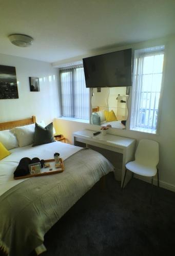 达德利Castle Terrace (B3 R3)的酒店客房设有一张带书桌和显示器的床。