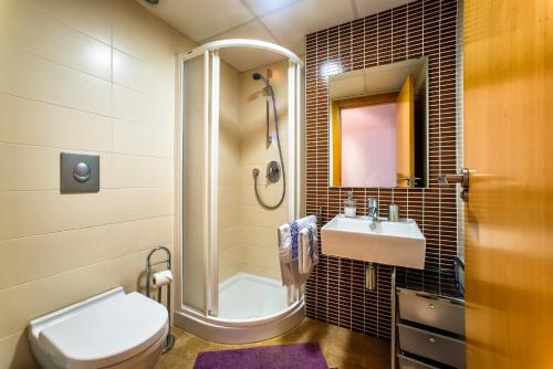 穆尔西亚Apartamentos Amanecer JC1的带淋浴、卫生间和盥洗盆的浴室