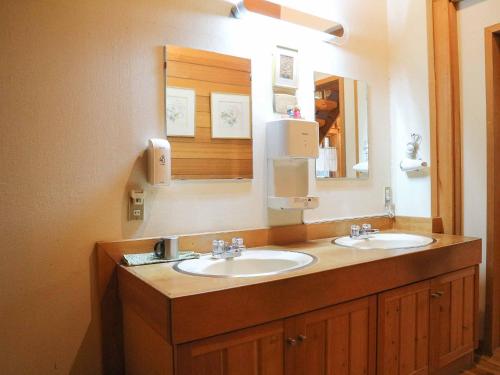 安昙野市Canadian Loghouse Inn AzuminoYujin的一间带两个盥洗盆和大镜子的浴室