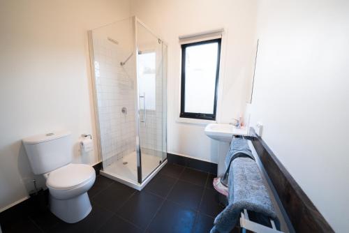 Emita索耶斯湾度假屋的浴室配有卫生间、淋浴和盥洗盆。