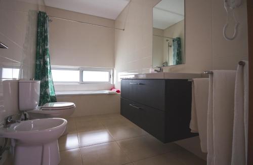 Rabo de Peixe克温塔桑塔纳酒店的浴室配有盥洗盆、卫生间和浴缸。