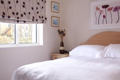 布什米尔斯Achill的卧室配有白色的床和窗户。