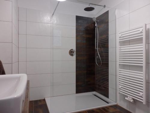 格吕瑙Sportlerhof - Alimann UaB的带淋浴和盥洗盆的浴室