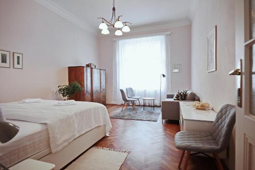 布拉格布拉格中心公寓的一间卧室设有一张床和一间客厅。