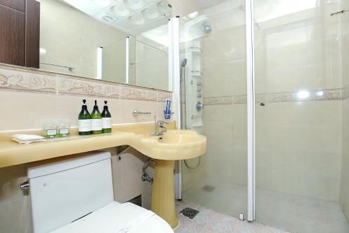 顺天市顺天贵族酒店的浴室配有卫生间、盥洗盆和淋浴。