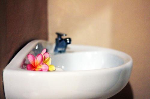 金巴兰巴厘岛乌鲁民宿的浴室水槽上方有一朵花