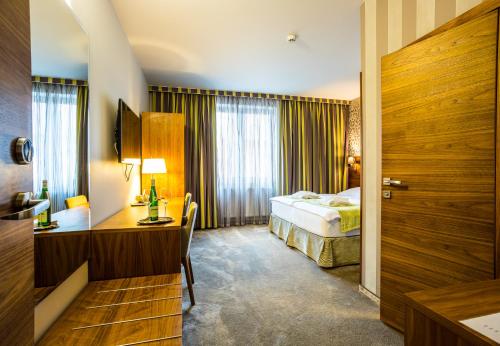 皮耶什佳尼WELLNESS HOTEL LÖWE的配有一张床和一张书桌的酒店客房