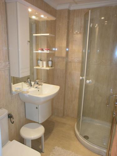 佩尼斯科拉Precioso Apartamento的带淋浴、盥洗盆和卫生间的浴室