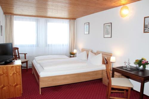 申瓦尔德索奈酒店的一间卧室配有一张床、一张书桌和一台电视