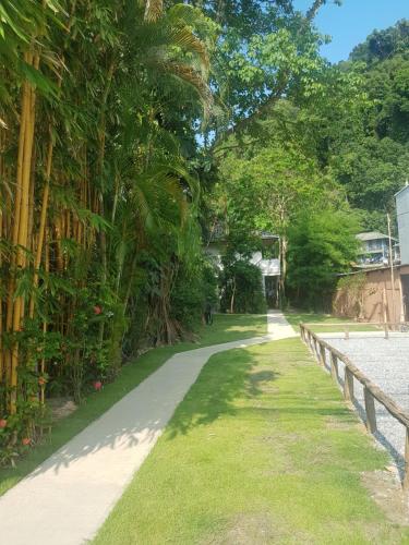 象岛棕榈花园公寓的一条种有棕榈树和围栏的小径