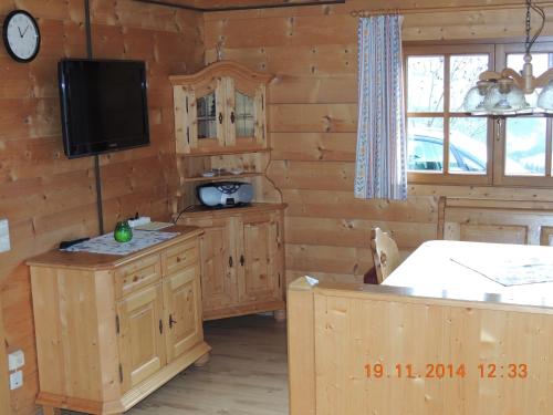 陶普利茨Egghartguthütte的小屋内的厨房设有木墙和电视。