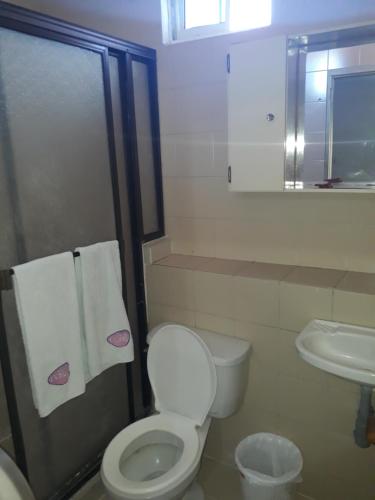 巴兰基亚Hotel Colonial Inn的浴室设有卫生间、水槽和毛巾