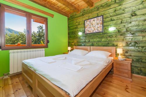 莫伊科瓦茨盖克卡酒店及度假村的一间卧室设有一张床和绿色的墙壁