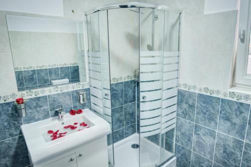 布加勒斯特Hotel Elisabeta的一间带水槽和淋浴的浴室